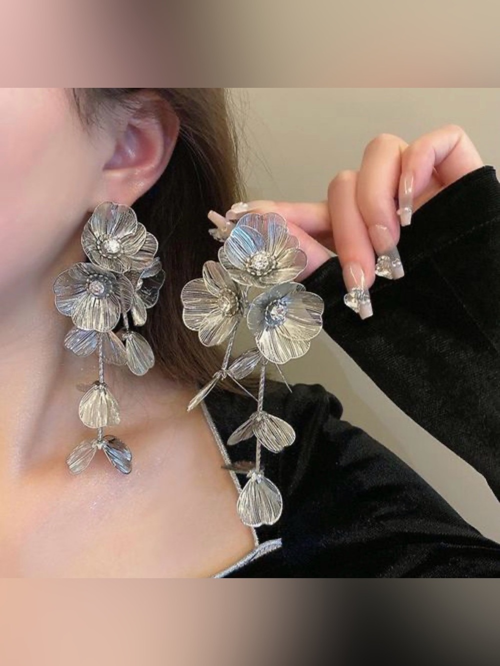 Zara Earrings Silver Floral Cascading Brooch - Textured Petal Cluster